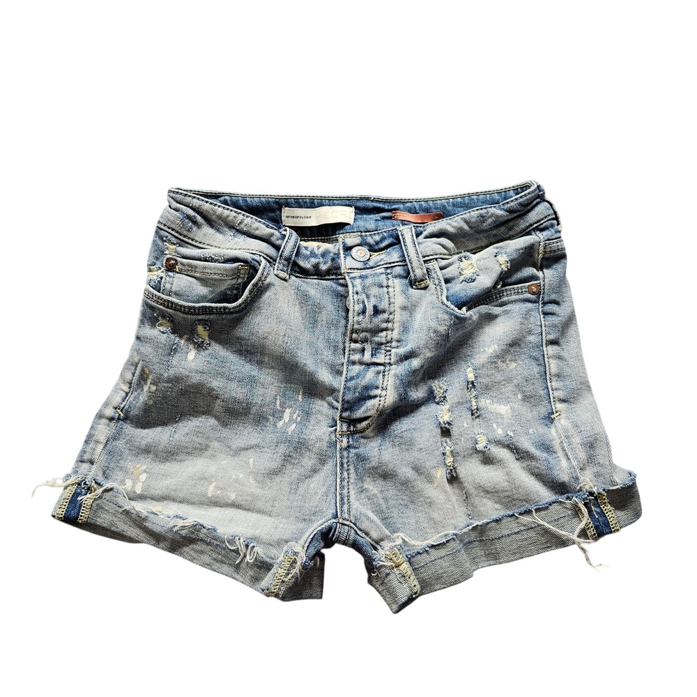 Anthropologie Pilcro Denim Shorts Womens 28 Blue Distressed Paint Splatter Boho